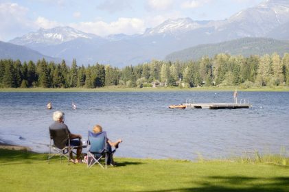 two people sitting by the lake